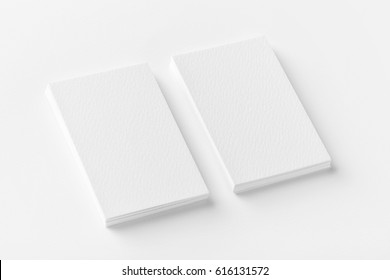 Mockup Of Two Vertical Business Cards At White Textured Paper Background.