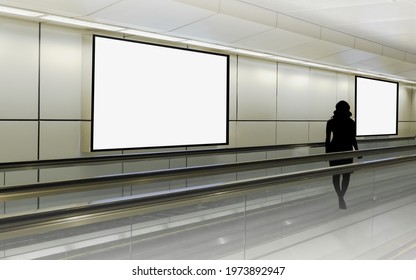 Mockup Visual For Advertising Billboard Display: Person Walking On Moving Walkway Travelator In Generic Mrt Train Station. Blank Billboards Advertising Space For Mock Up Purpose; OOH Ad Placement