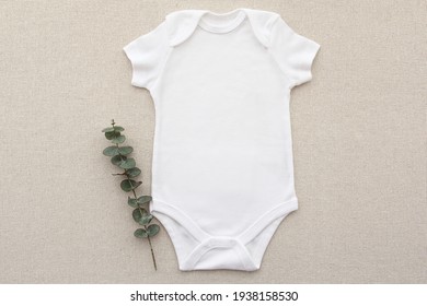 Mockup Of White Baby Bodysuit Shirt With Eucalyptus