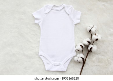 Mockup Of White Baby Bodysuit Shirt With Cotton Branch 