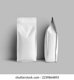 Mockup of a white bag for coffee beans, packaging with a degassing valve, front, side space for design, branding. Set. Template of stable pack with tea, for advertising, isolated on background