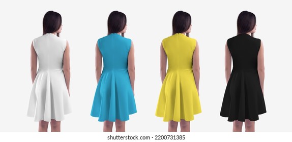 Mockup Of A White, Black, Blue, Yellow Dress Wave On A Girl, Close-up, High Back With A Zipper, Skirt, Isolated On Background. Template Of Fashion Summer Clothes For Women. Sundress Set For Design