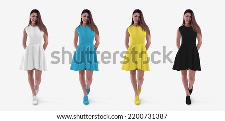 Mockup of white, black, blue, yellow sundress on a girl in moccasins walking and isolated on background, front view. Set. Summer dress template wave, fluffy skirt, for design, pattern, advertising