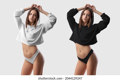 Mockup of a white, black crop top, bikini on a sexy girl with bare legs, isolated on background. Stylish swimsuit template, nude model hoodie, for advertising, design. Set of clothes for women