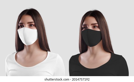 Mockup Of White And Black Face Masks On The Girl. Set