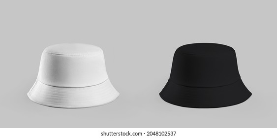 Mockup of white, black hat with brim, headwear for sun protection, isolated on background. Stylish panama template for women, men, stylish accessory for summer, beach, for presentation of design - Shutterstock ID 2048102537