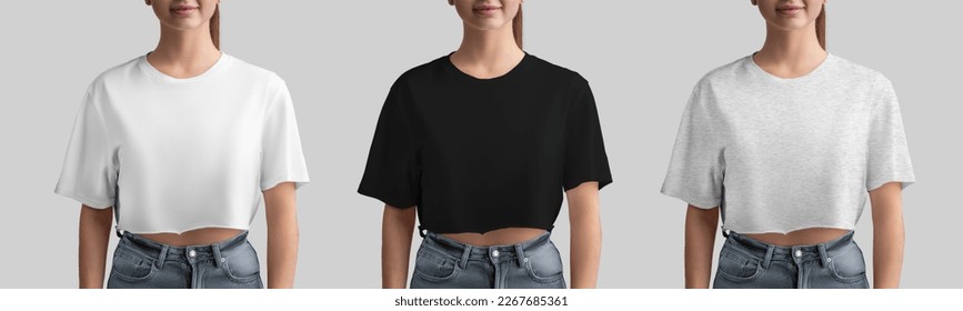 Mockup of white, black, heather crop top on beautiful girl in jeans, fashion clothes for design, print, front. Set of free cut t-shirts, women's clothing isolated on background. Template texture wear - Shutterstock ID 2267685361