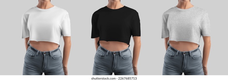 Mockup of a white, black, heather crop top on a girl, a set of fashion clothes canvas bella isolated on the background. Template casual wear, stylish t-shirt, women's shirt for design, print, front. - Shutterstock ID 2267685713
