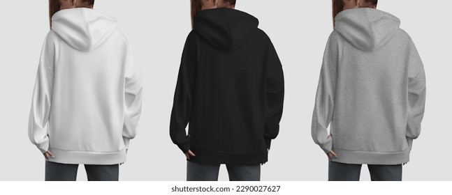 Mockup of a white, black, heather long hoodie for a girl, shirt set, back view, for design, commerce, branding. Template of women's fashion streetwear, isolated on the background in the studio - Powered by Shutterstock