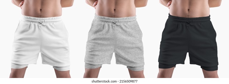 Mockup Of White, Black, Heather Loose Shorts With Compression Line On Athletic Male Body, Isolated On Background. Set. Clothing Template With Underpants, Front View