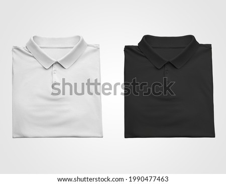 Mockup of white, black T-shirt, beautifully folded, blank polo for presentation of design, print, pattern. Men's clothing template with collar,buttons, front view, isolated on background.Set of clothe