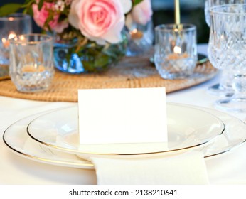 Mockup White Blank Space Card, For Name Place, Folded, Greeting, Invitation On Wedding Table Setting Background. With Clipping Path