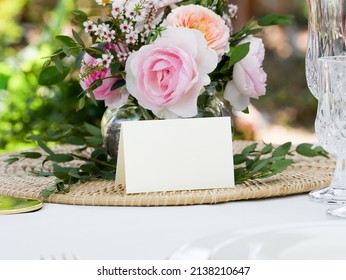 Mockup White Blank Space Card, For Name Place, Folded, Greeting, Invitation On Wedding Table Setting Background. With Clipping Path