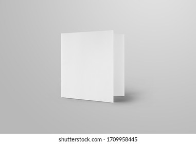 Mockup Of A White Blank Trifold, Front View, Standard Standing Roll Fold Brochure, Isolated On Background. Square Business Booklet Template With Realistic Shadows For Design Presentation.