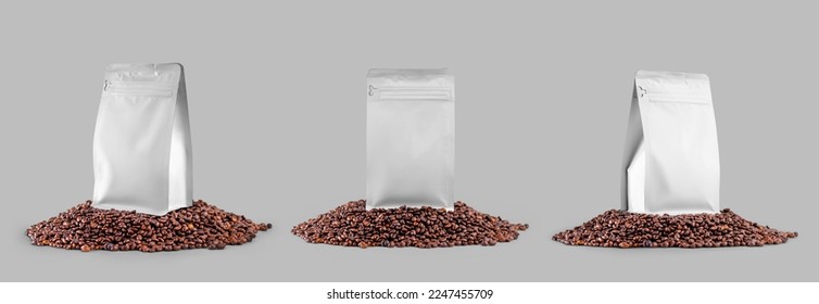 Mockup of a white coffee pouch gusset, doypack set on coffee beans, for the aroma of a product, drink, espresso. Zip packaging template, bag isolated on background, for coffee shop advertising.