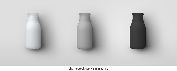 Mockup Of White, Gray, Black Jars For Yoghurt Or Tonic, Isolated On Background, Blank Packaging For Design And Pattern Presentation. Plastic Bottle Template For Use In Medicine And Beauty Industry.Set