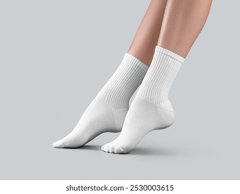 Mockup of white long socks with high elastic band on women's beautiful legs, with stretched toes, side view, for design, branding. Template of gaiters on ankle, isolated on background with shadows