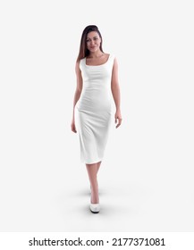 Mockup of a white medium tight dress on a beautiful dark-haired girl in heels, clothes isolated on background, front view. Summer texture sundress template, women's clothing for design, advertising - Shutterstock ID 2177371081