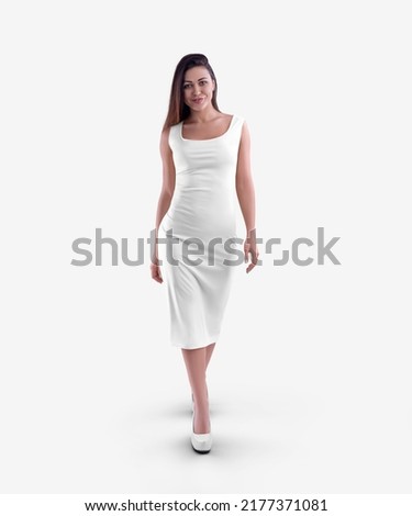 Mockup of a white medium tight dress on a beautiful dark-haired girl in heels, clothes isolated on background, front view. Summer texture sundress template, women's clothing for design, advertising