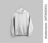 Mockup of white oversized hoodie on wooden hanger, front, sweatshirt with hood, ties, pocket, isolated on background. Fashion apparel template for design, branding. Pullover for advertising. subject