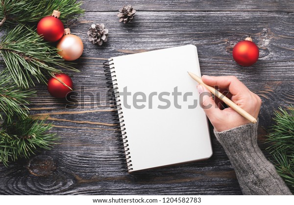 Mockup White Paper Notebook Christmas Decorations Stock Photo