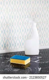  Mockup Of A White Spray Bottle With A Stovetop Cleaner. General Cleaning Of The Kitchen.