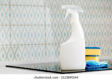  Mockup Of A White Spray Bottle With A Stovetop Cleaner. General Cleaning Of The Kitchen.