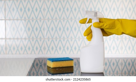  Mockup Of A White Spray Bottle With A Stovetop Cleaner. General Cleaning Of The Kitchen.