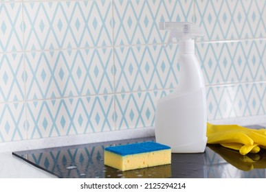  Mockup Of A White Spray Bottle With A Stovetop Cleaner. General Cleaning Of The Kitchen.