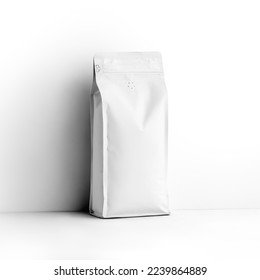 Mockup of a white stable bag for coffee beans, packaging with a degassing valve near the wall, isolated on the background. Zip packing template for loose tea, pack with space for design, branding