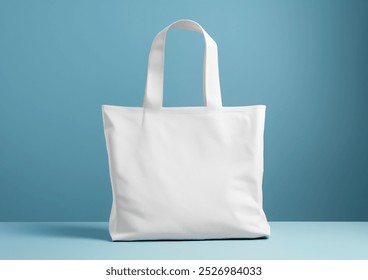 mockup of white tote bag on soft pastel blue background