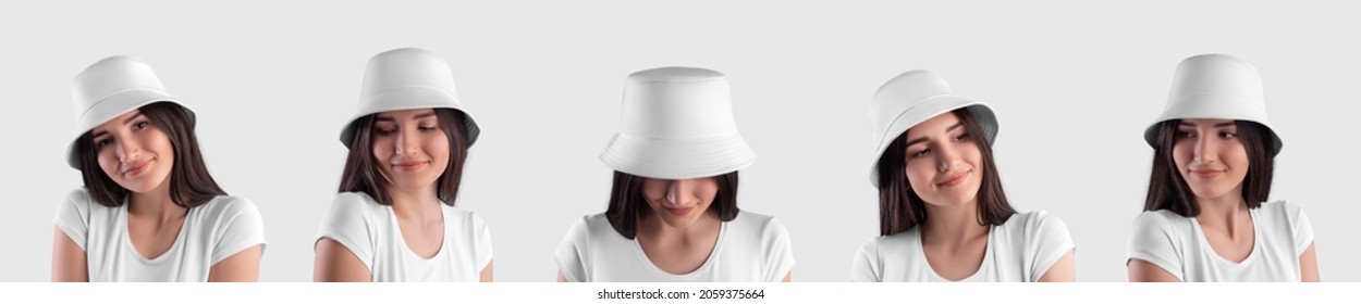 Mockup of white trendy panama on beautiful smiling dark-haired girl, isolated on background. Stylish headgear template for sun protection. Set of clothes, hats with brim. Summer, spring headwear