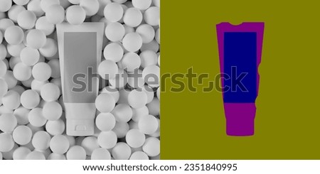 Mock-up of white tube for cosmetics on geometric 3d podium. Plastic container for cream, lotion, toothpaste on a bunch of balls surrounded by spheres. Gray background 3d rendered realistically