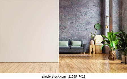 Mockup white wall in loft style house with sofa and accessories in the room.3d rendering - Shutterstock ID 2128547021