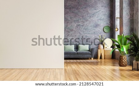 Mockup white wall in loft style house with sofa and accessories in the room.3d rendering
