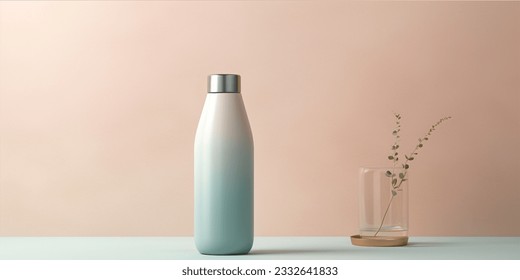 Mockup of a white water bottle, mockup of a new empty white thermos with a background