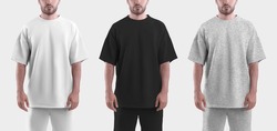 Mockup Of A Whitev, Black And Heather Oversize T-shirt On A Man. Clothes Template Isolated On White Background.