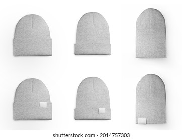 Mockup of winter woolen heather beanie beautifully laid out, front, back view, isolated on background,for advertising head accessories.Fashionable hat template with label for design presentation,print