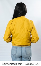 Mockup Women's Yellow Bomber Jacket Back - Young Hispanic