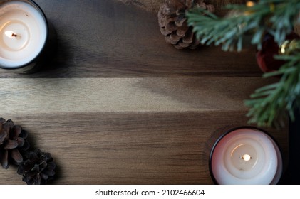 Mockup Of The Wooden Plate And Candles Near The Christmas Tree. Top Down View