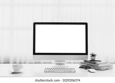 Mockup Workspace With Desktop Blank Screen Computer On White Table