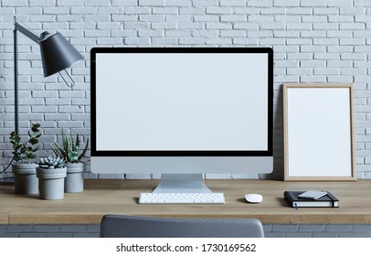 Mockup Workspace With Desktop Blank Screen Computer On Wooden Table.