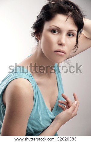 Similar – Image, Stock Photo Portrait of a young, very short-haired woman wearing an off-the-shoulder top through which you can see her nipples