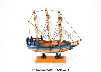 model boat on stand side view isolated on white