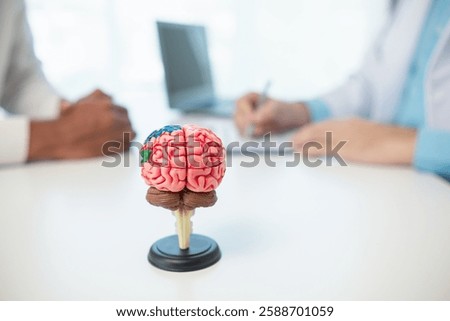 model brain which allows brain to be visualized and parts that are important and responsible for thought and memory is placed on doctor table to help explain problem areas of brain to the patient.