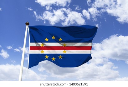 Model Of Cape Verde Flag Floating Under The Blue Sky. Located In A Volcanic Archipelago, Known For Its Luso-African Creole Culture. The Largest Island In The Country Is Santiago, Home To The Capital, 