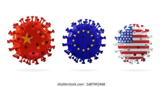 Model Of COVID-19 Coronavirus Colored In National China, EU And USA Flag, Concept Of Pandemic Spreading, Medicine And Healthcare. Worldwide Epidemic With Growth, Quarantine And Isolation, Protection.