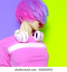 Model DJ Creative Pop Art Style. Minimal Design Fashion Sweet Colors