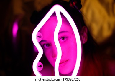 Model With Green Hair Fashion Photography Pink Neon Light