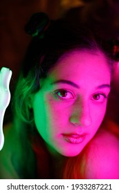 Model With Green Hair Fashion Photography Pink Neon Light